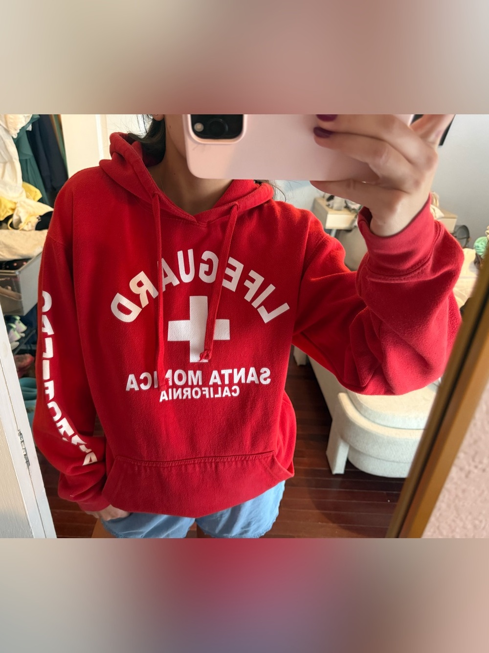 Red Lifeguard Hoodie with White Cross Graphic